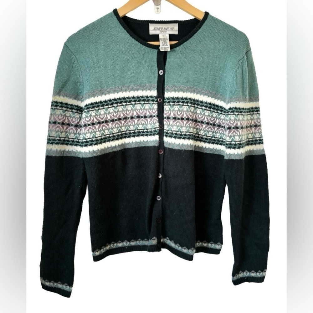 Y2K gry & grn fair isle button up wool blend cardigan SZ L 90’s Cobain fair isle